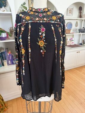 ZARA Embroidered Black Floral Peasant Dress